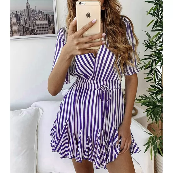 imagePRETTYGARDEN Womens Casual Summer Striped Dress Short Sleeve Wrap V Neck Ruffle Hem Mini Skater DressesPurple