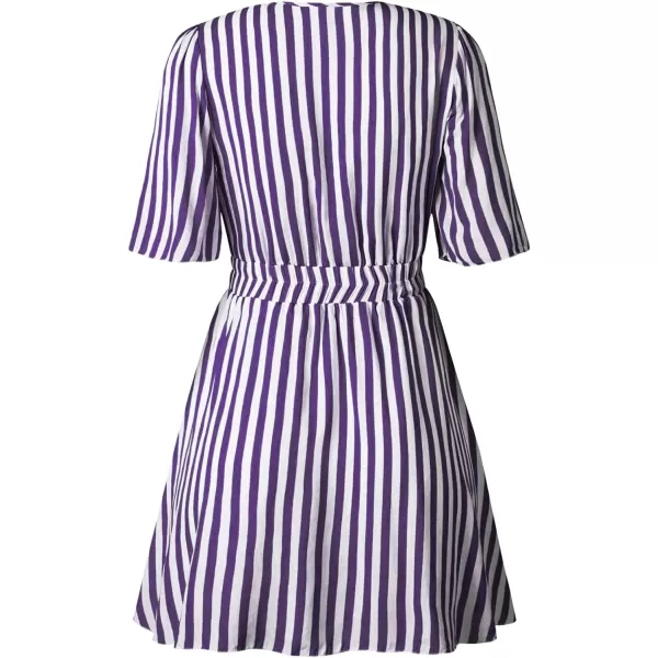 imagePRETTYGARDEN Womens Casual Summer Striped Dress Short Sleeve Wrap V Neck Ruffle Hem Mini Skater DressesPurple