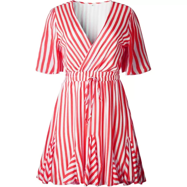 imagePRETTYGARDEN Womens Casual Summer Striped Dress Short Sleeve Wrap V Neck Ruffle Hem Mini Skater DressesRed