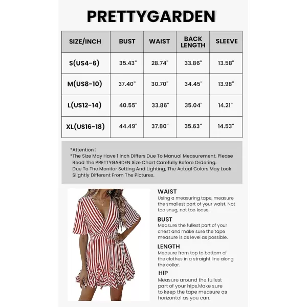 imagePRETTYGARDEN Womens Casual Summer Striped Dress Short Sleeve Wrap V Neck Ruffle Hem Mini Skater DressesRed