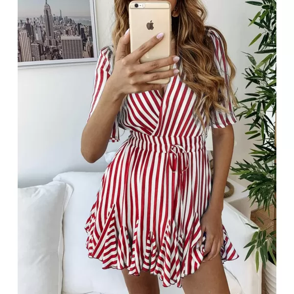 imagePRETTYGARDEN Womens Casual Summer Striped Dress Short Sleeve Wrap V Neck Ruffle Hem Mini Skater DressesRed