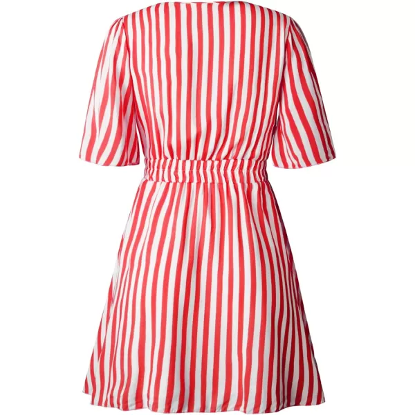 imagePRETTYGARDEN Womens Casual Summer Striped Dress Short Sleeve Wrap V Neck Ruffle Hem Mini Skater DressesRed