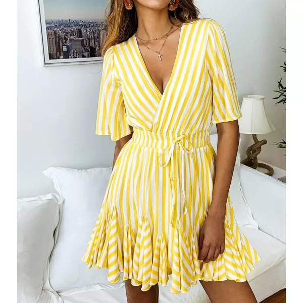 imagePRETTYGARDEN Womens Casual Summer Striped Dress Short Sleeve Wrap V Neck Ruffle Hem Mini Skater DressesYellow