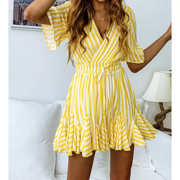 imagePRETTYGARDEN Womens Casual Summer Striped Dress Short Sleeve Wrap V Neck Ruffle Hem Mini Skater DressesYellow