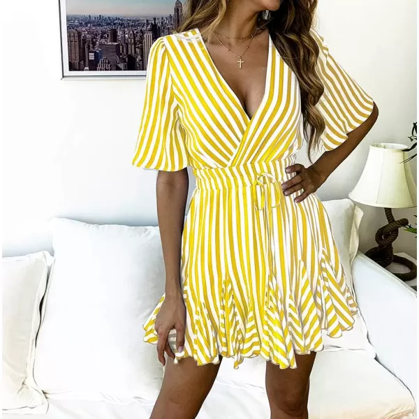 imagePRETTYGARDEN Womens Casual Summer Striped Dress Short Sleeve Wrap V Neck Ruffle Hem Mini Skater DressesYellow