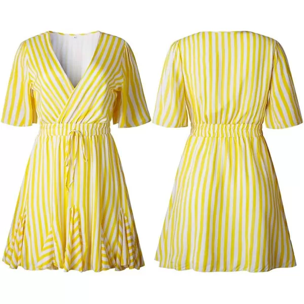 imagePRETTYGARDEN Womens Casual Summer Striped Dress Short Sleeve Wrap V Neck Ruffle Hem Mini Skater DressesYellow