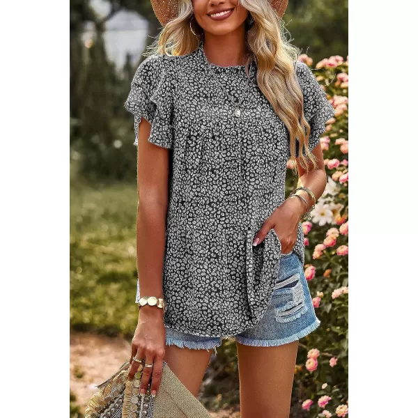imagePRETTYGARDEN Womens Casual Summer Tops Ruffle Short Sleeve Mock Neck Fashion Floral Chiffon Blouse ShirtsBlack
