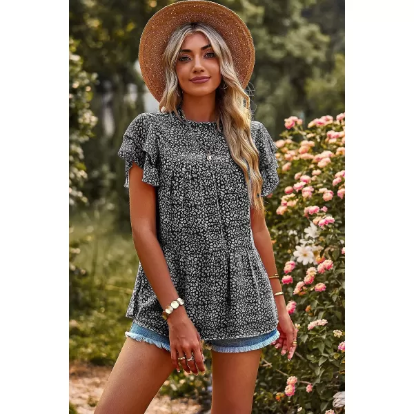 imagePRETTYGARDEN Womens Casual Summer Tops Ruffle Short Sleeve Mock Neck Fashion Floral Chiffon Blouse ShirtsBlack