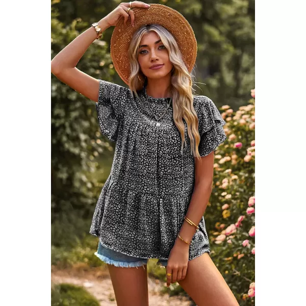 imagePRETTYGARDEN Womens Casual Summer Tops Ruffle Short Sleeve Mock Neck Fashion Floral Chiffon Blouse ShirtsBlack
