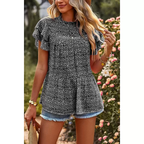 imagePRETTYGARDEN Womens Casual Summer Tops Ruffle Short Sleeve Mock Neck Fashion Floral Chiffon Blouse ShirtsBlack