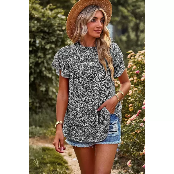 imagePRETTYGARDEN Womens Casual Summer Tops Ruffle Short Sleeve Mock Neck Fashion Floral Chiffon Blouse ShirtsBlack