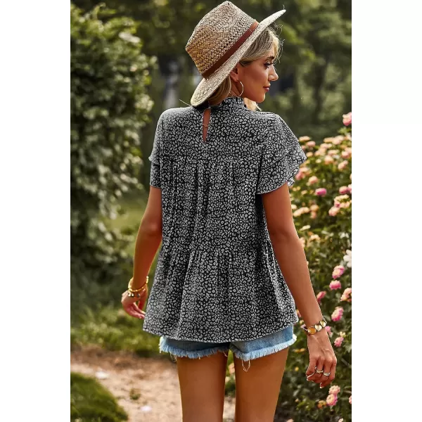 imagePRETTYGARDEN Womens Casual Summer Tops Ruffle Short Sleeve Mock Neck Fashion Floral Chiffon Blouse ShirtsBlack