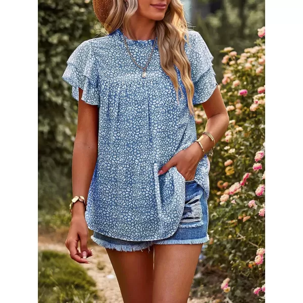 imagePRETTYGARDEN Womens Casual Summer Tops Ruffle Short Sleeve Mock Neck Fashion Floral Chiffon Blouse ShirtsBlue