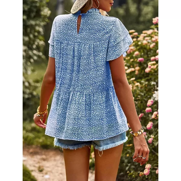 imagePRETTYGARDEN Womens Casual Summer Tops Ruffle Short Sleeve Mock Neck Fashion Floral Chiffon Blouse ShirtsBlue