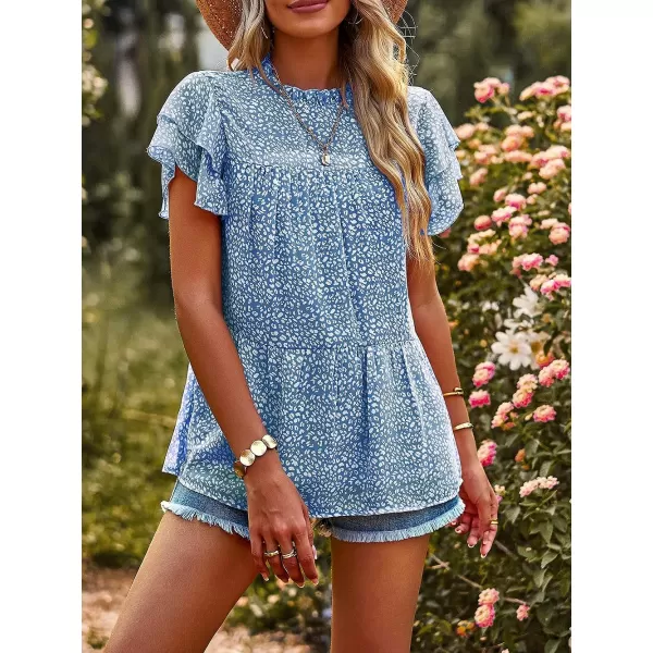 imagePRETTYGARDEN Womens Casual Summer Tops Ruffle Short Sleeve Mock Neck Fashion Floral Chiffon Blouse ShirtsBlue