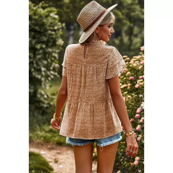 imagePRETTYGARDEN Womens Casual Summer Tops Ruffle Short Sleeve Mock Neck Fashion Floral Chiffon Blouse ShirtsCoffee