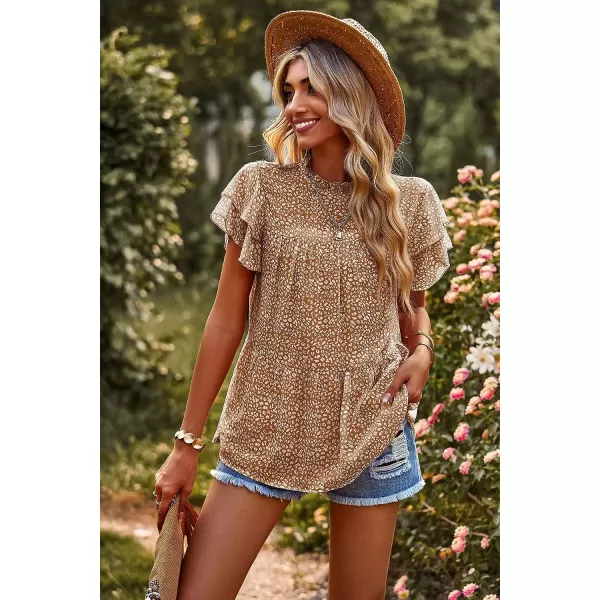 imagePRETTYGARDEN Womens Casual Summer Tops Ruffle Short Sleeve Mock Neck Fashion Floral Chiffon Blouse ShirtsCoffee