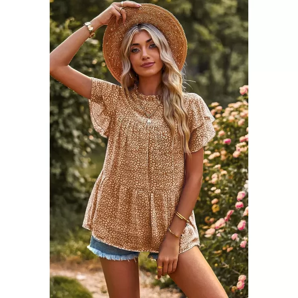 imagePRETTYGARDEN Womens Casual Summer Tops Ruffle Short Sleeve Mock Neck Fashion Floral Chiffon Blouse ShirtsCoffee