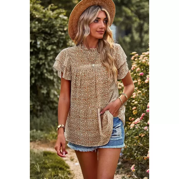 imagePRETTYGARDEN Womens Casual Summer Tops Ruffle Short Sleeve Mock Neck Fashion Floral Chiffon Blouse ShirtsCoffee