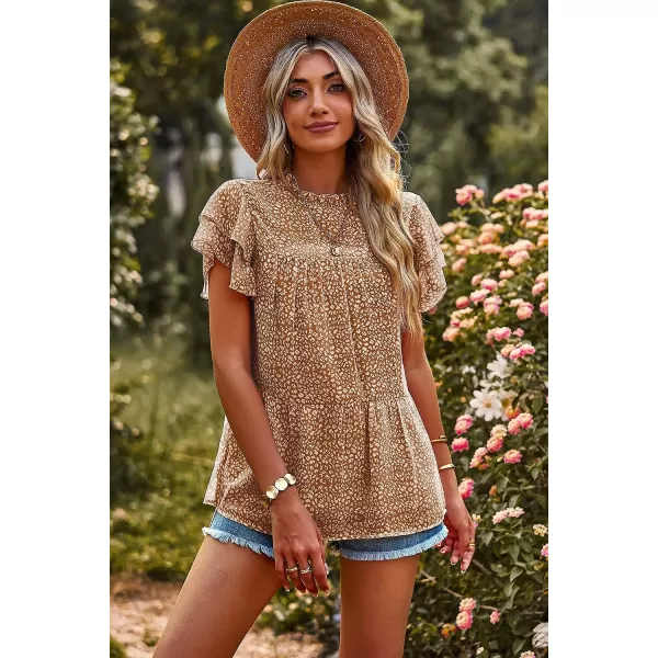 imagePRETTYGARDEN Womens Casual Summer Tops Ruffle Short Sleeve Mock Neck Fashion Floral Chiffon Blouse ShirtsCoffee