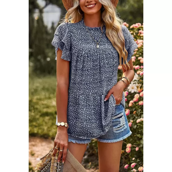 imagePRETTYGARDEN Womens Casual Summer Tops Ruffle Short Sleeve Mock Neck Fashion Floral Chiffon Blouse ShirtsDark Blue