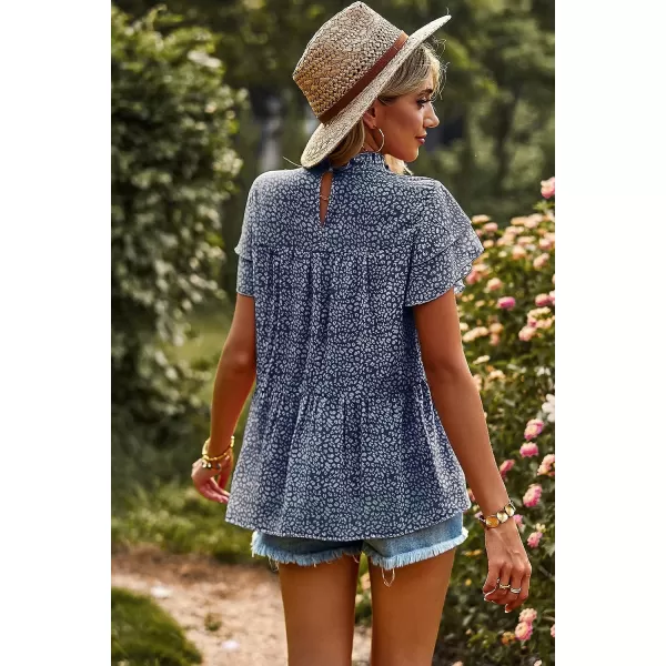 imagePRETTYGARDEN Womens Casual Summer Tops Ruffle Short Sleeve Mock Neck Fashion Floral Chiffon Blouse ShirtsDark Blue