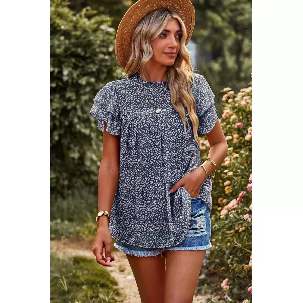 imagePRETTYGARDEN Womens Casual Summer Tops Ruffle Short Sleeve Mock Neck Fashion Floral Chiffon Blouse ShirtsDark Blue
