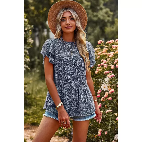 imagePRETTYGARDEN Womens Casual Summer Tops Ruffle Short Sleeve Mock Neck Fashion Floral Chiffon Blouse ShirtsDark Blue