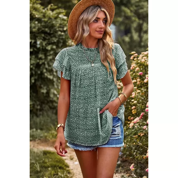 imagePRETTYGARDEN Womens Casual Summer Tops Ruffle Short Sleeve Mock Neck Fashion Floral Chiffon Blouse ShirtsDark Green