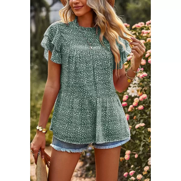 imagePRETTYGARDEN Womens Casual Summer Tops Ruffle Short Sleeve Mock Neck Fashion Floral Chiffon Blouse ShirtsDark Green