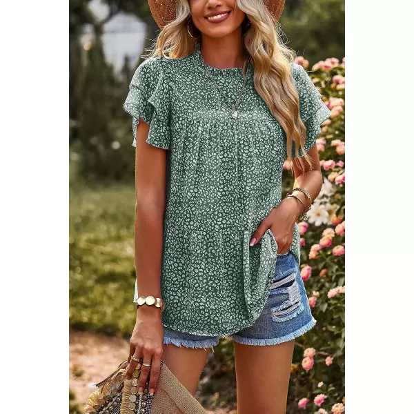 imagePRETTYGARDEN Womens Casual Summer Tops Ruffle Short Sleeve Mock Neck Fashion Floral Chiffon Blouse ShirtsDark Green