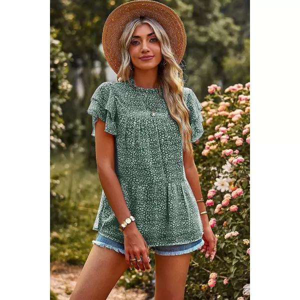 imagePRETTYGARDEN Womens Casual Summer Tops Ruffle Short Sleeve Mock Neck Fashion Floral Chiffon Blouse ShirtsDark Green