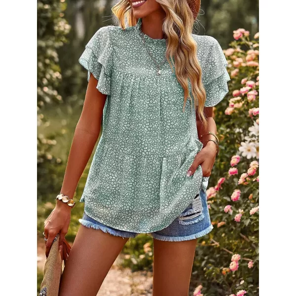 imagePRETTYGARDEN Womens Casual Summer Tops Ruffle Short Sleeve Mock Neck Fashion Floral Chiffon Blouse ShirtsGreen