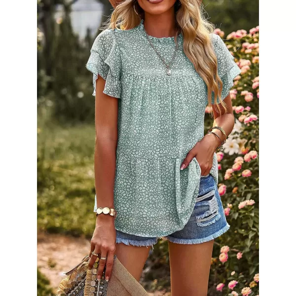 imagePRETTYGARDEN Womens Casual Summer Tops Ruffle Short Sleeve Mock Neck Fashion Floral Chiffon Blouse ShirtsGreen