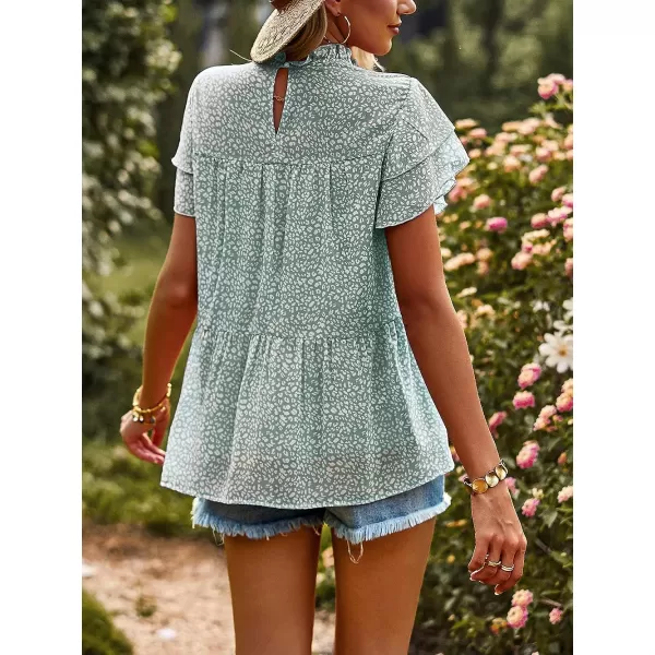 imagePRETTYGARDEN Womens Casual Summer Tops Ruffle Short Sleeve Mock Neck Fashion Floral Chiffon Blouse ShirtsGreen