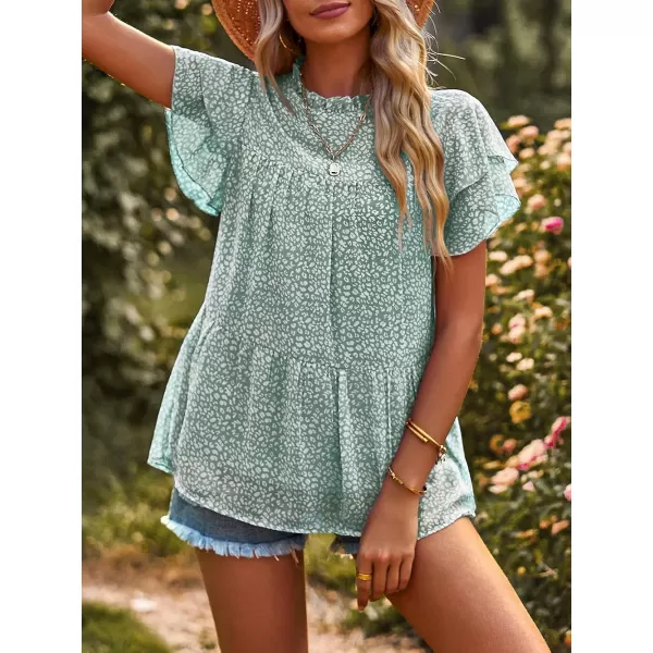 imagePRETTYGARDEN Womens Casual Summer Tops Ruffle Short Sleeve Mock Neck Fashion Floral Chiffon Blouse ShirtsGreen