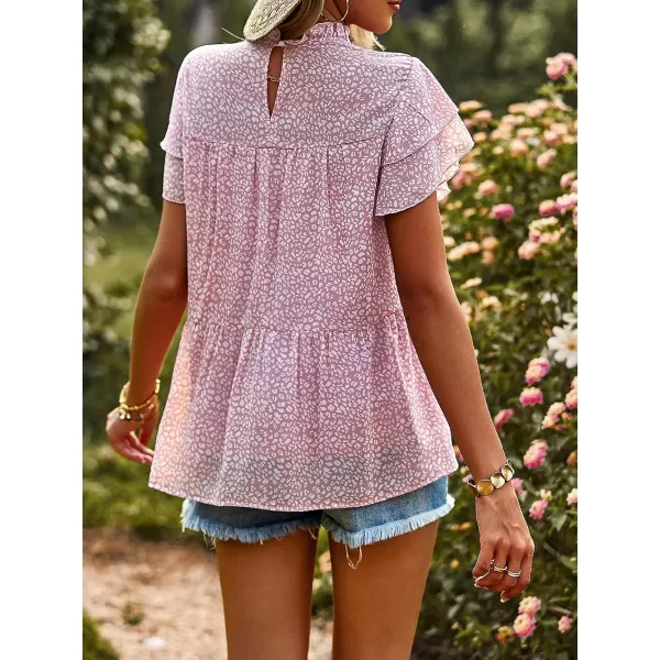 imagePRETTYGARDEN Womens Casual Summer Tops Ruffle Short Sleeve Mock Neck Fashion Floral Chiffon Blouse ShirtsPink