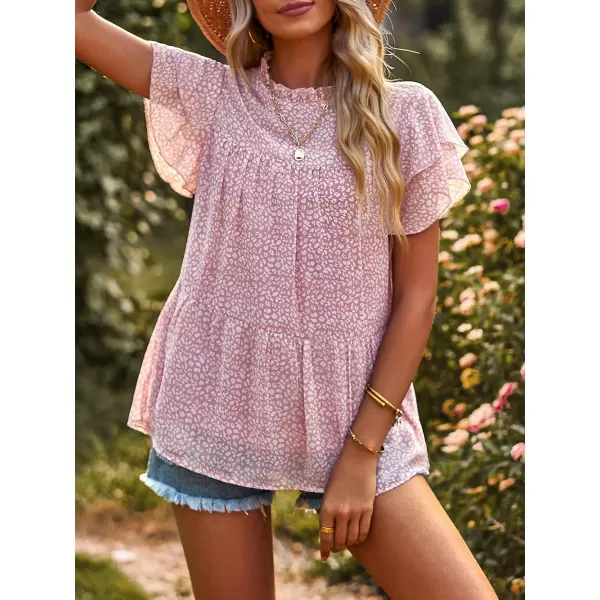 imagePRETTYGARDEN Womens Casual Summer Tops Ruffle Short Sleeve Mock Neck Fashion Floral Chiffon Blouse ShirtsPink
