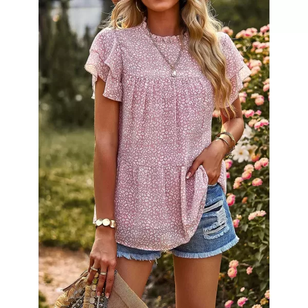 imagePRETTYGARDEN Womens Casual Summer Tops Ruffle Short Sleeve Mock Neck Fashion Floral Chiffon Blouse ShirtsPink