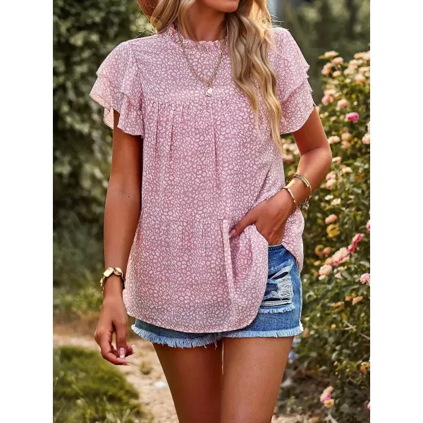 imagePRETTYGARDEN Womens Casual Summer Tops Ruffle Short Sleeve Mock Neck Fashion Floral Chiffon Blouse ShirtsPink
