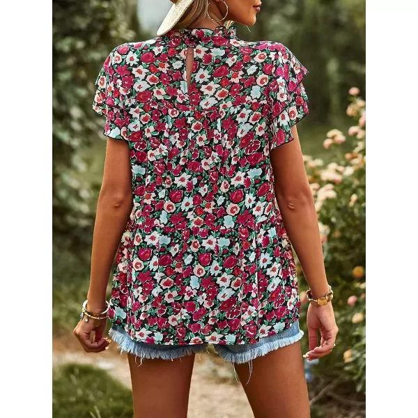 imagePRETTYGARDEN Womens Casual Summer Tops Ruffle Short Sleeve Mock Neck Fashion Floral Chiffon Blouse ShirtsRed