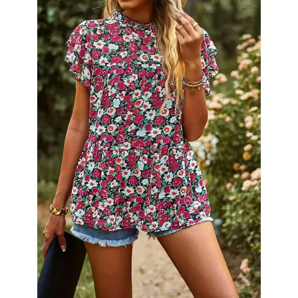 imagePRETTYGARDEN Womens Casual Summer Tops Ruffle Short Sleeve Mock Neck Fashion Floral Chiffon Blouse ShirtsRed