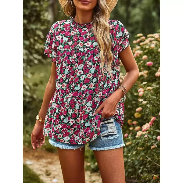 imagePRETTYGARDEN Womens Casual Summer Tops Ruffle Short Sleeve Mock Neck Fashion Floral Chiffon Blouse ShirtsRed