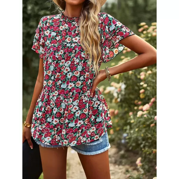 imagePRETTYGARDEN Womens Casual Summer Tops Ruffle Short Sleeve Mock Neck Fashion Floral Chiffon Blouse ShirtsRed