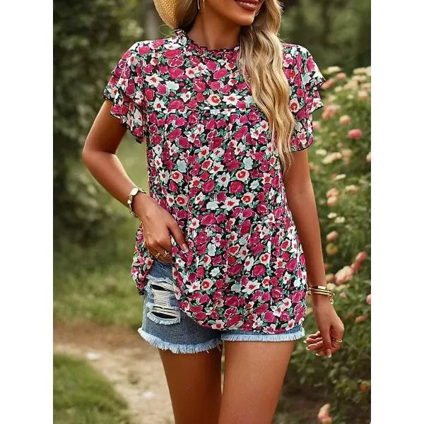 imagePRETTYGARDEN Womens Casual Summer Tops Ruffle Short Sleeve Mock Neck Fashion Floral Chiffon Blouse ShirtsRed