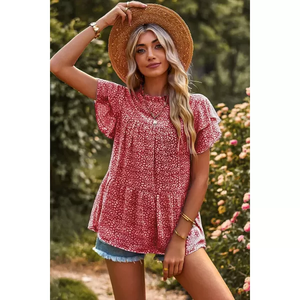 imagePRETTYGARDEN Womens Casual Summer Tops Ruffle Short Sleeve Mock Neck Fashion Floral Chiffon Blouse ShirtsWine Red