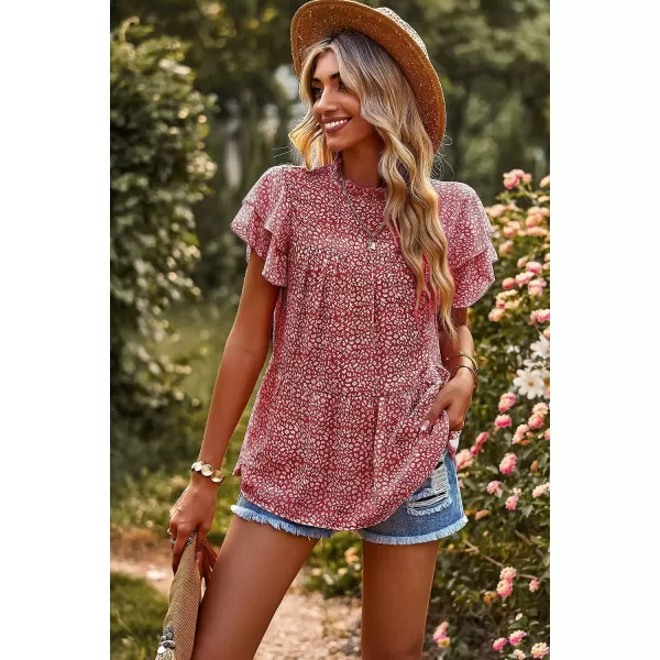 imagePRETTYGARDEN Womens Casual Summer Tops Ruffle Short Sleeve Mock Neck Fashion Floral Chiffon Blouse ShirtsWine Red