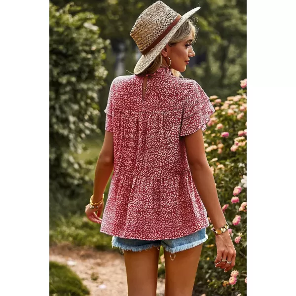 imagePRETTYGARDEN Womens Casual Summer Tops Ruffle Short Sleeve Mock Neck Fashion Floral Chiffon Blouse ShirtsWine Red