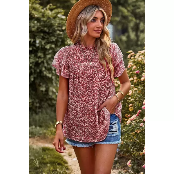 imagePRETTYGARDEN Womens Casual Summer Tops Ruffle Short Sleeve Mock Neck Fashion Floral Chiffon Blouse ShirtsWine Red