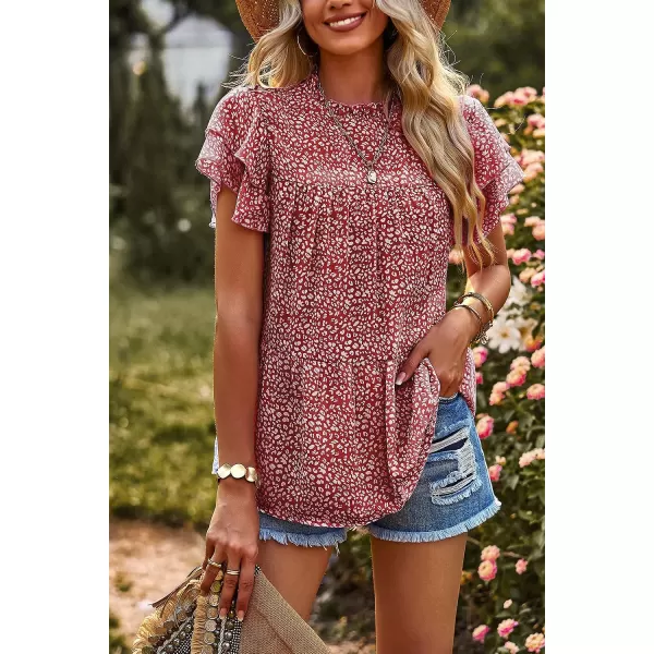 imagePRETTYGARDEN Womens Casual Summer Tops Ruffle Short Sleeve Mock Neck Fashion Floral Chiffon Blouse ShirtsWine Red
